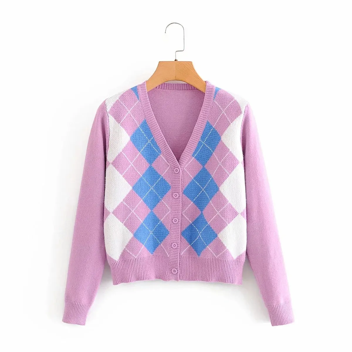 Lozenge Single-breasted Knitting Cardigan Sweaters