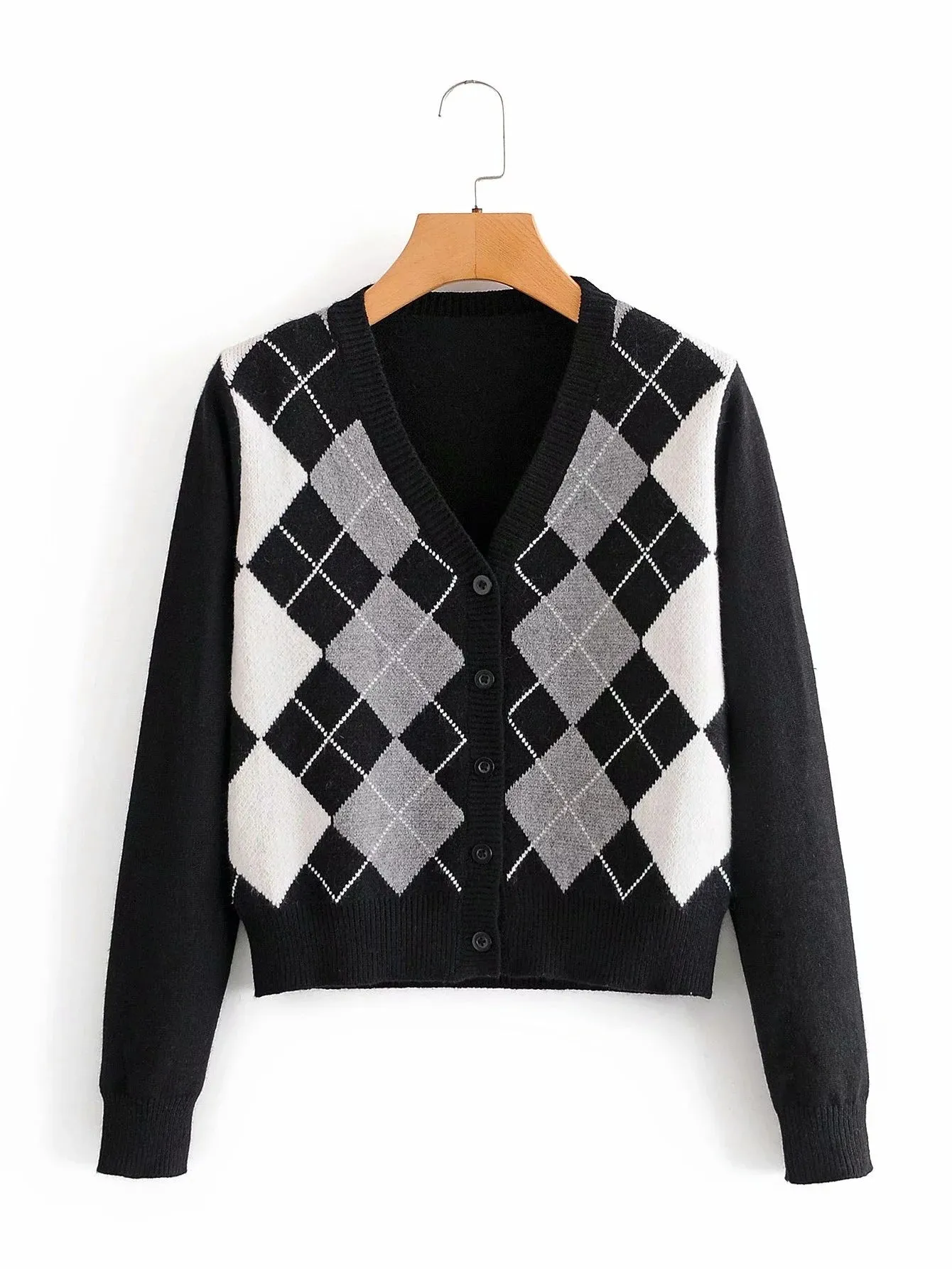 Lozenge Single-breasted Knitting Cardigan Sweaters