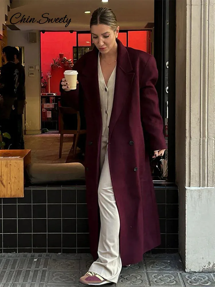 Luxurious Full Pads Coat Red Burgundy Fashion Shoulder Overcoats Long Breasted Sleeve Autumn Lady Women Double Woolen Oversized Best-selling deal Streetwear
