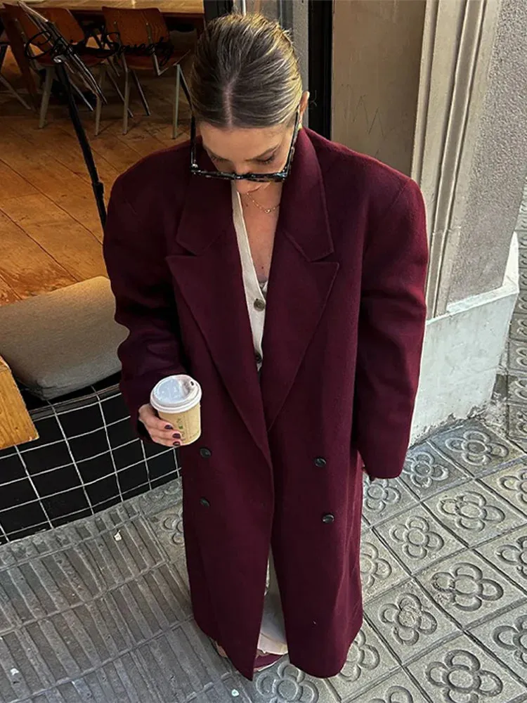 Luxurious Full Pads Coat Red Burgundy Fashion Shoulder Overcoats Long Breasted Sleeve Autumn Lady Women Double Woolen Oversized Best-selling deal Streetwear