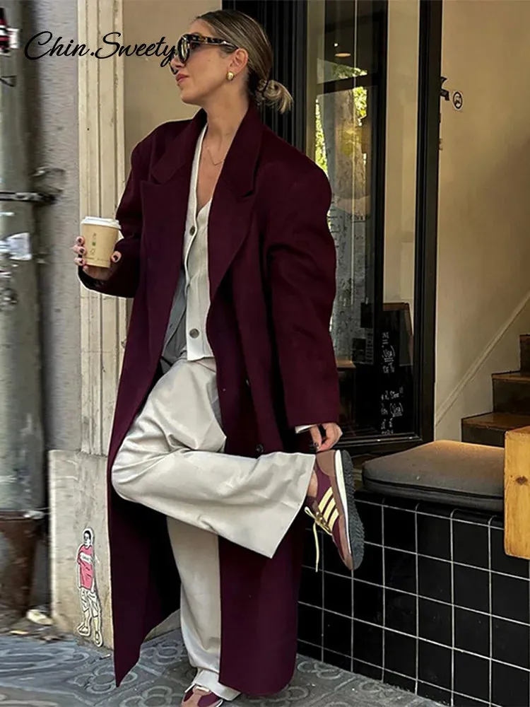 Luxurious Full Pads Coat Red Burgundy Fashion Shoulder Overcoats Long Breasted Sleeve Autumn Lady Women Double Woolen Oversized Best-selling deal Streetwear