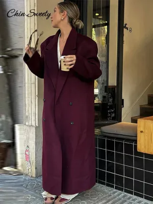 Luxurious Full Pads Coat Red Burgundy Fashion Shoulder Overcoats Long Breasted Sleeve Autumn Lady Women Double Woolen Oversized Best-selling deal Streetwear