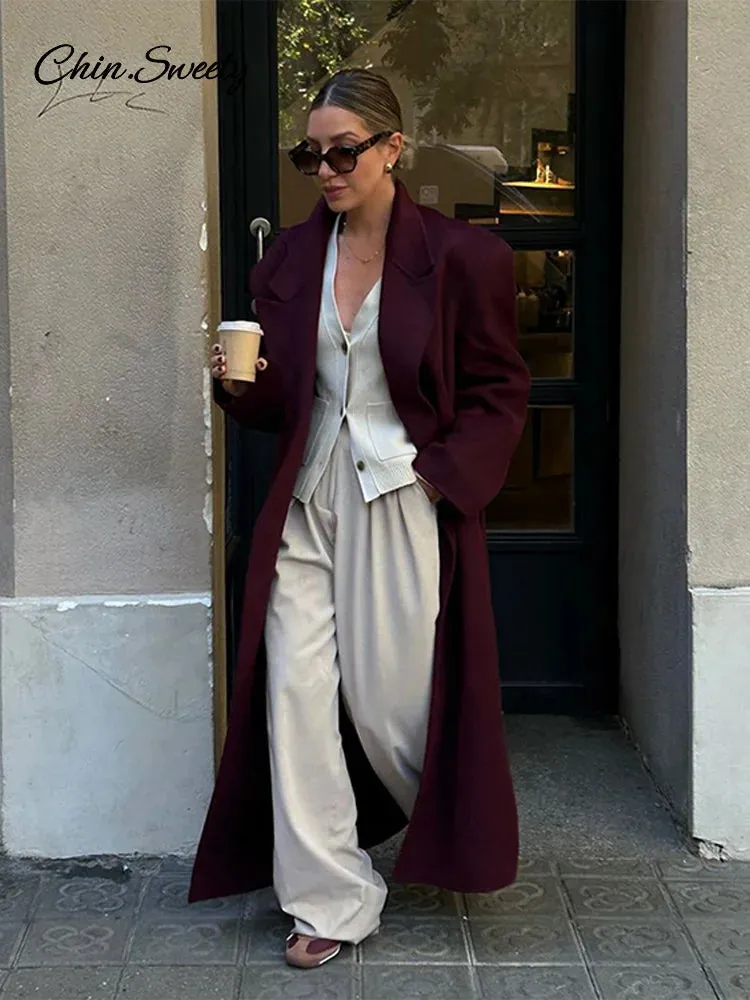Luxurious Full Pads Coat Red Burgundy Fashion Shoulder Overcoats Long Breasted Sleeve Autumn Lady Women Double Woolen Oversized Best-selling deal Streetwear
