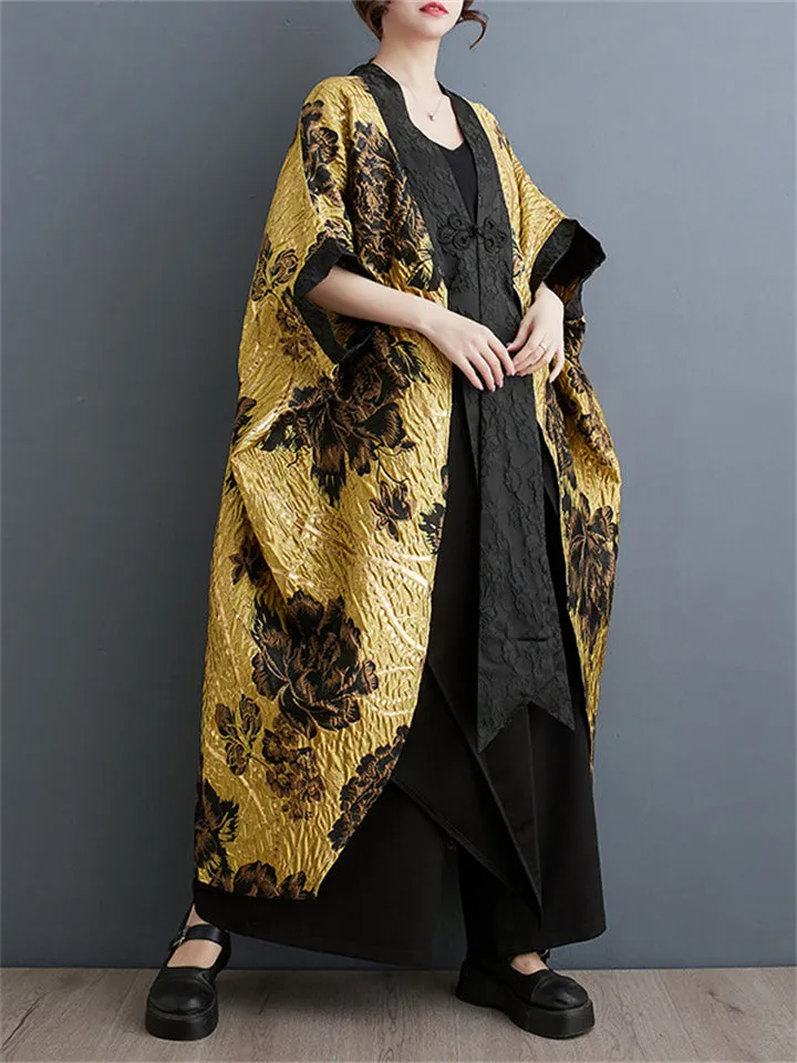 Luxury Golden Yellow Peony Jacquard Women's Long Coat