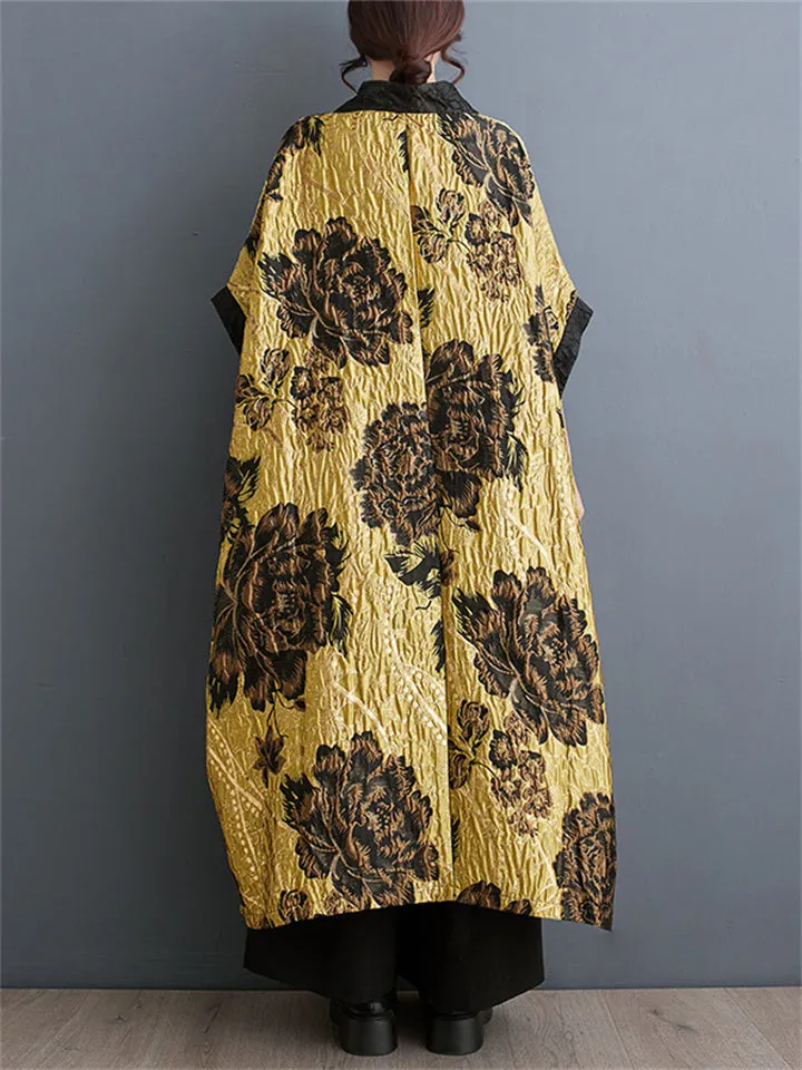 Luxury Golden Yellow Peony Jacquard Women's Long Coat