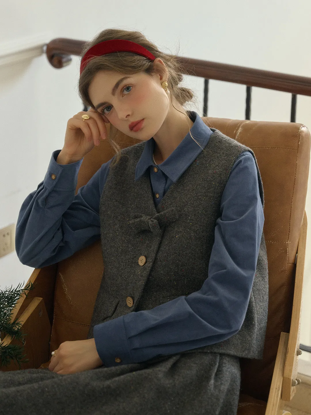 Luz V-neck Slim 3D Bow Black Yellow Plaid Pocket Wool Vest - Yellow