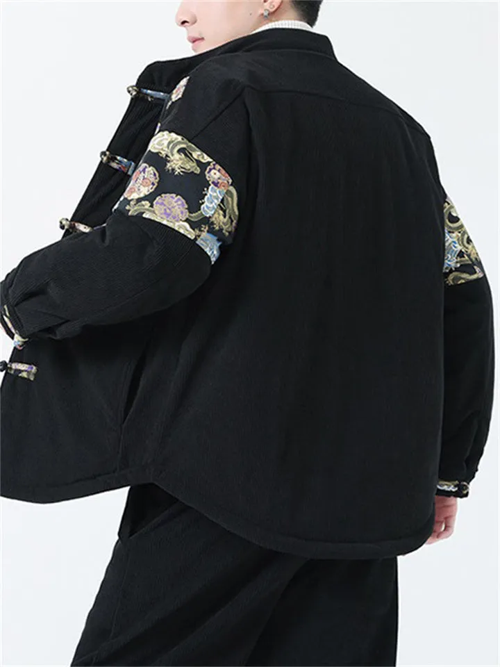 Male Popular Dragon Cloud Print Thickened Stitching Corduroy Coat