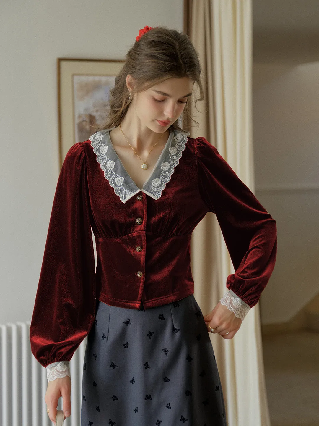 Megan V-neck Contrast Lace Lapel Cuffs Splicing Velvet Blouse - Red