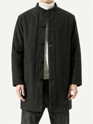 Men's Plain Winter Stand Collar Button Warm Cotton Coat