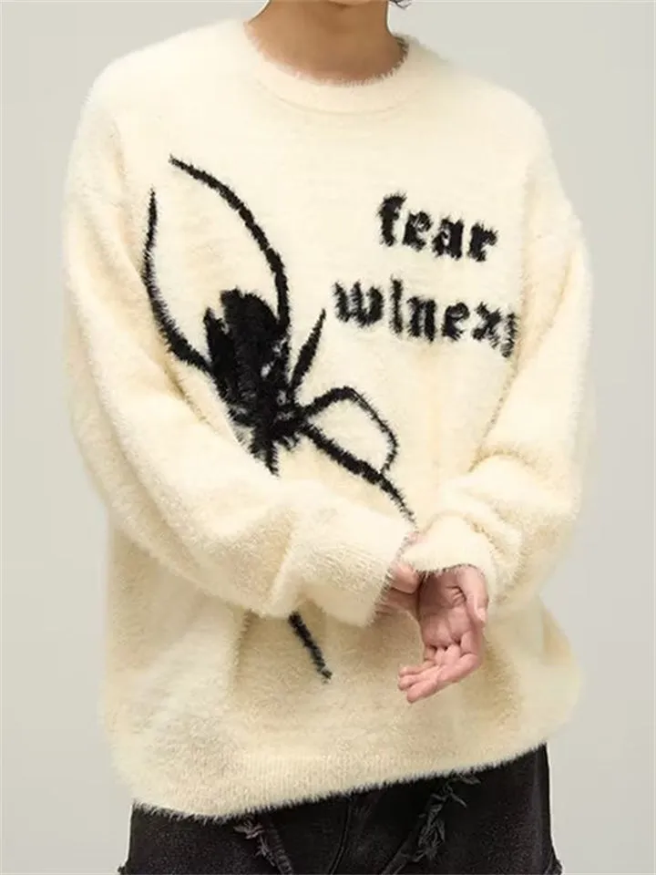 Men's Spider Graphic Fluffy Round Neck Knit Sweater