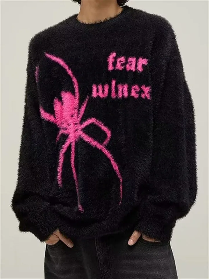 Men's Spider Graphic Fluffy Round Neck Knit Sweater