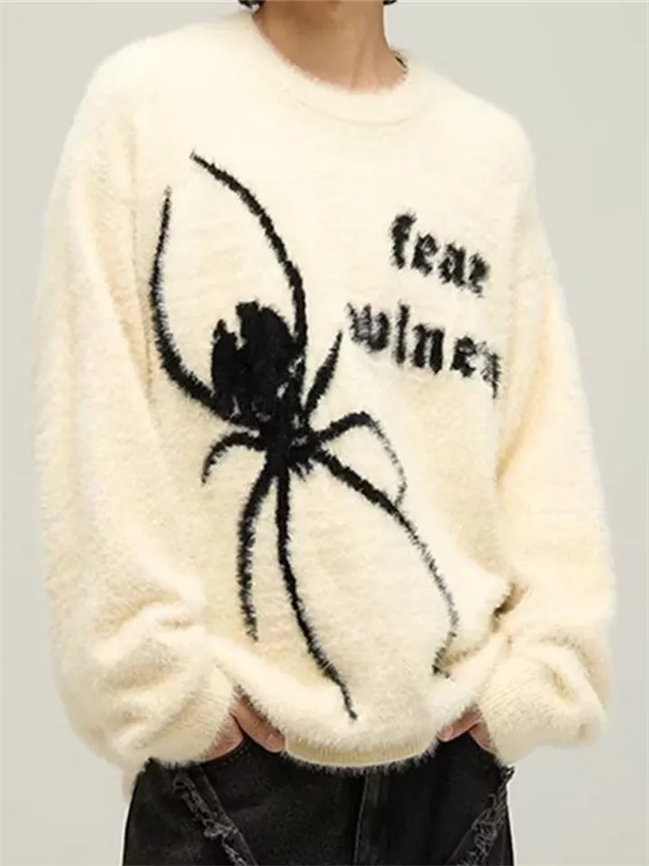 Men's Spider Graphic Fluffy Round Neck Knit Sweater