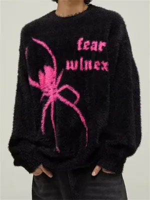 Men's Spider Graphic Fluffy Round Neck Knit Sweater