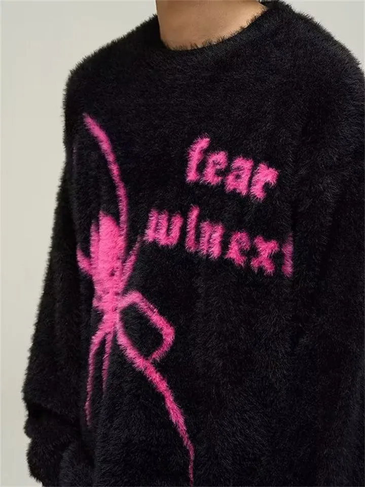 Men's Spider Graphic Fluffy Round Neck Knit Sweater