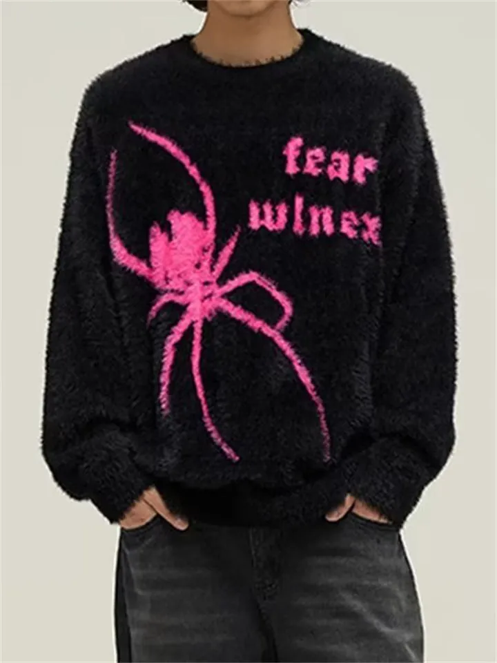 Men's Spider Graphic Fluffy Round Neck Knit Sweater
