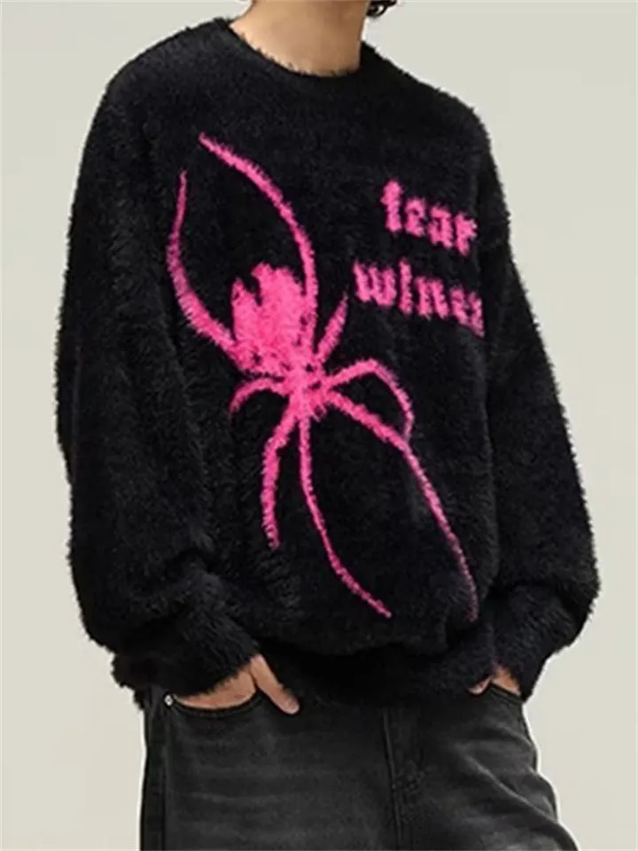 Men's Spider Graphic Fluffy Round Neck Knit Sweater