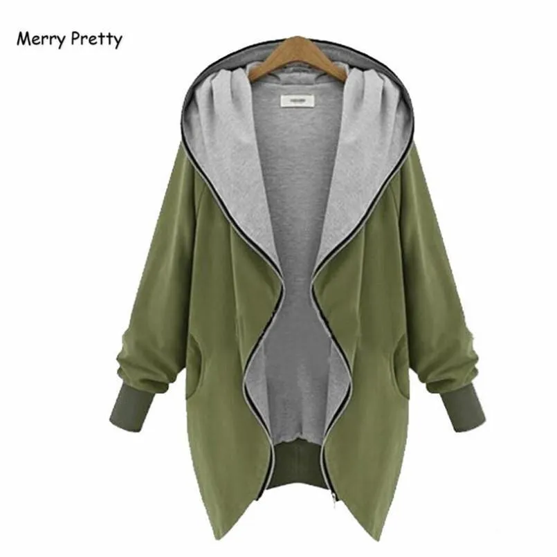 Merry Pretty Plus size Women thin outerwear jackets hood zipper-up sweatshirts female long-sleeve army green tops hoddies coats
