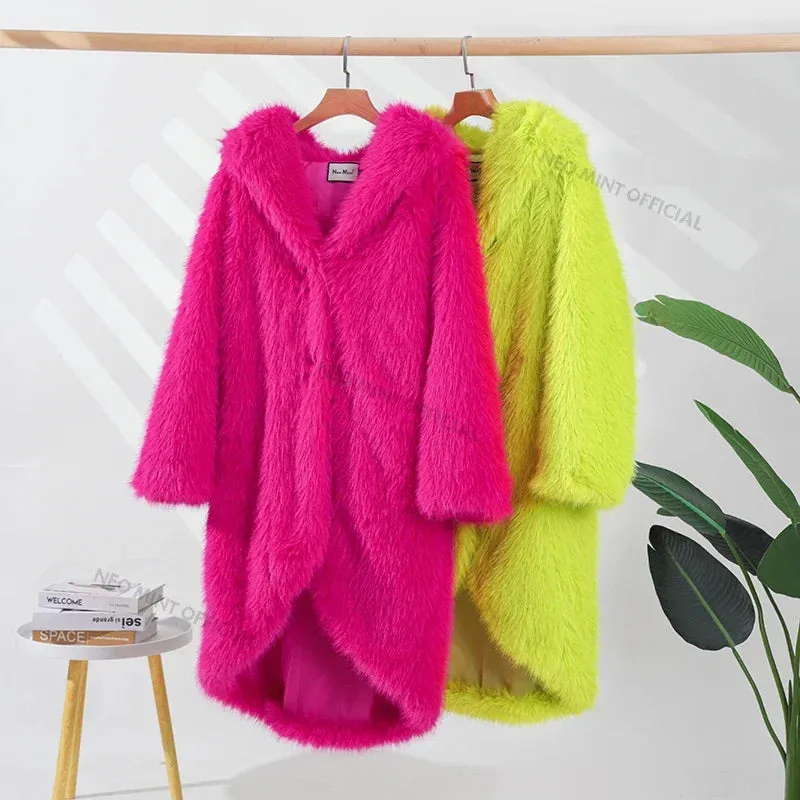 Minaj Outerwear Chunky Coat Brand Low-cost opportunity Overcoat Ins Luxury Long Award-winning Nicki Women Green Jacket Fashion Runway Hooded Fur Faux Neon