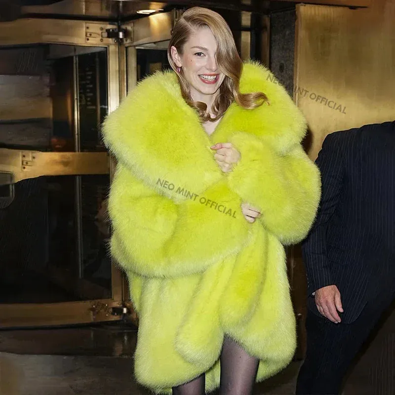 Minaj Outerwear Chunky Coat Brand Low-cost opportunity Overcoat Ins Luxury Long Award-winning Nicki Women Green Jacket Fashion Runway Hooded Fur Faux Neon