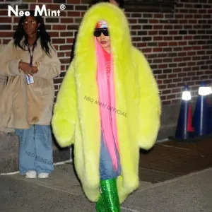 Minaj Outerwear Chunky Coat Brand Low-cost opportunity Overcoat Ins Luxury Long Award-winning Nicki Women Green Jacket Fashion Runway Hooded Fur Faux Neon