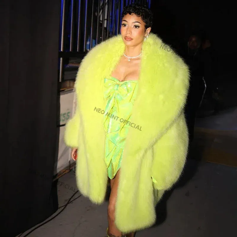 Minaj Outerwear Chunky Coat Brand Low-cost opportunity Overcoat Ins Luxury Long Award-winning Nicki Women Green Jacket Fashion Runway Hooded Fur Faux Neon