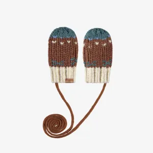 Mitaines brunes à motif jacquard avec cordon en maille, bébé || Brown knitted mittens with a jacquard print and a cord, baby