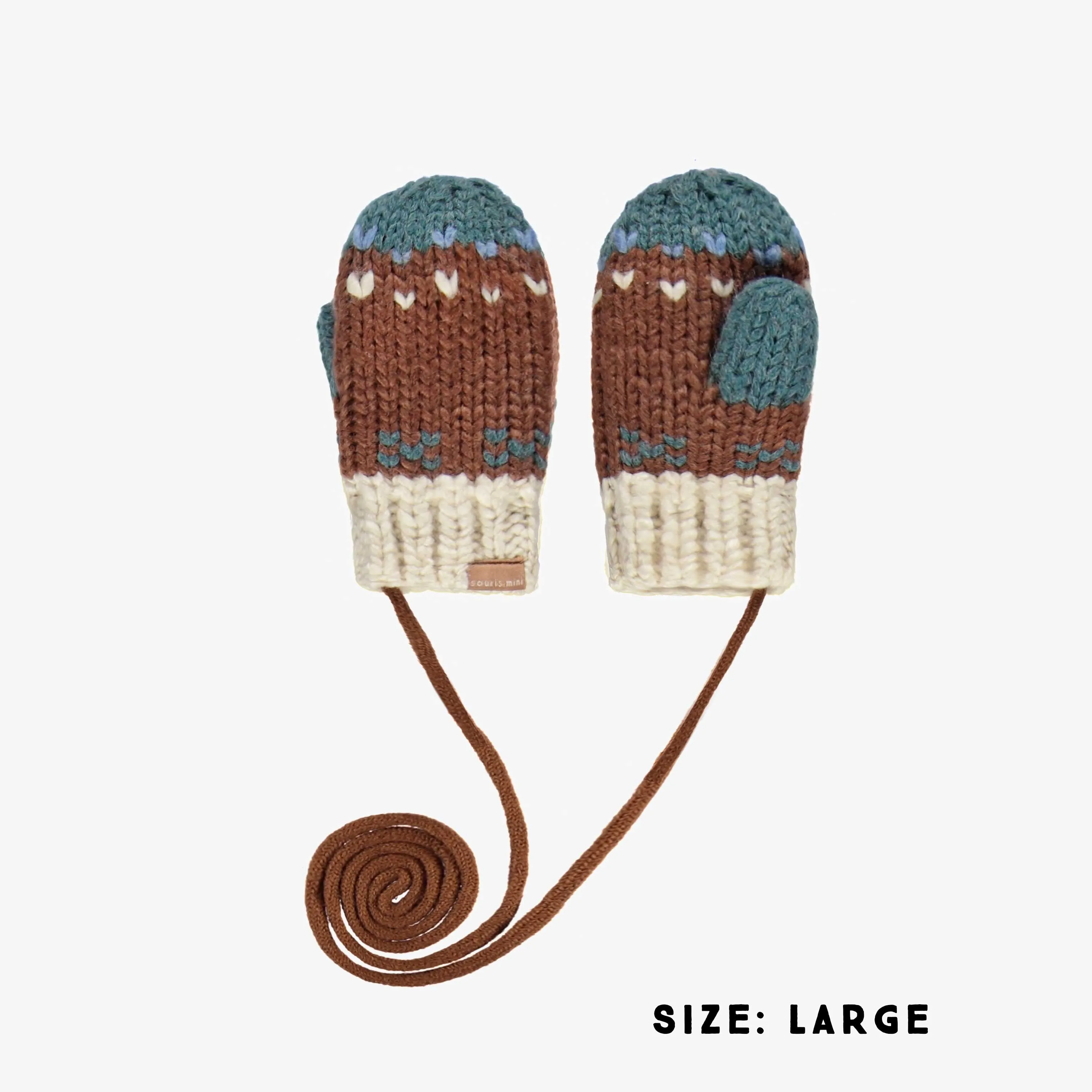 Mitaines brunes à motif jacquard avec cordon en maille, bébé || Brown knitted mittens with a jacquard print and a cord, baby