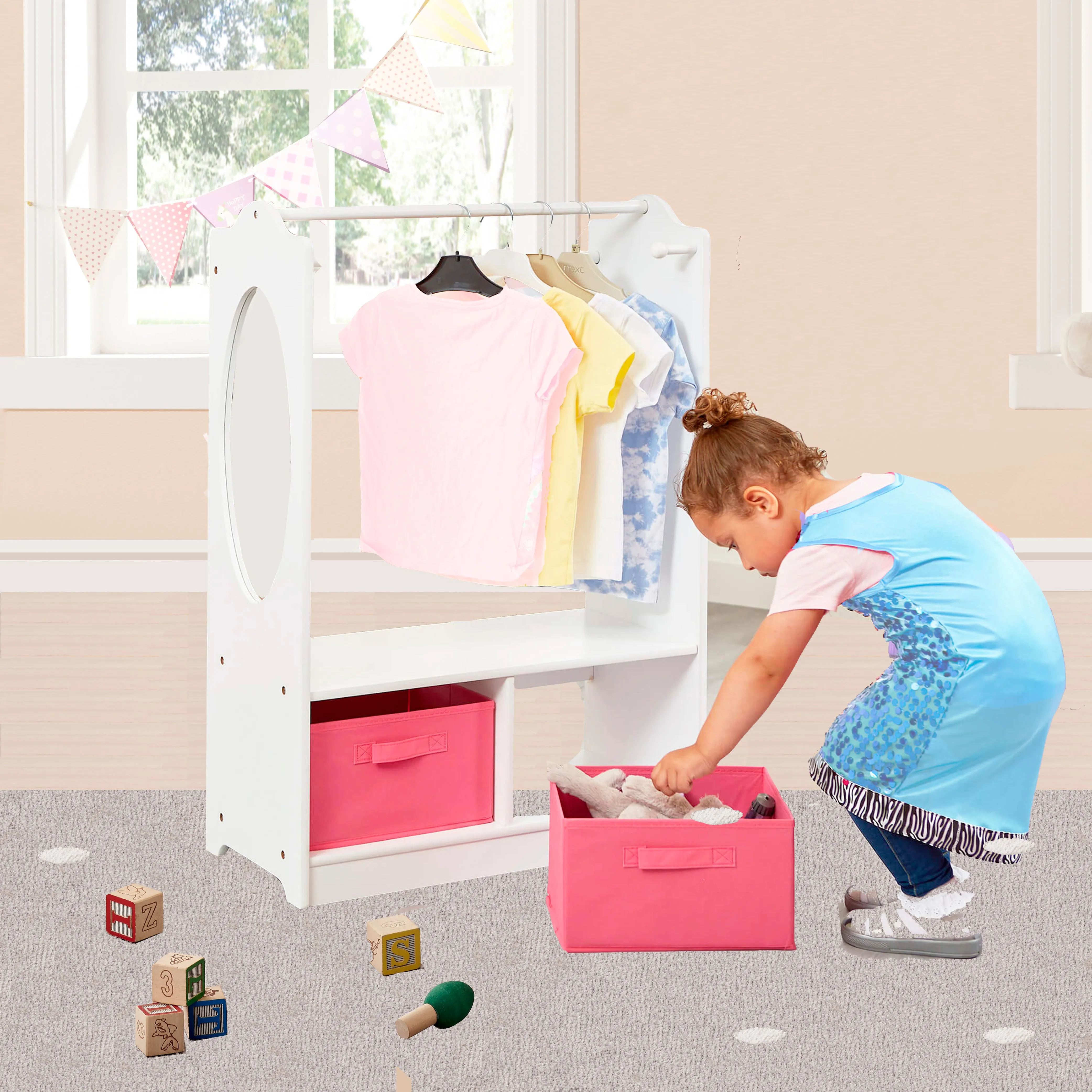 Modern Montessori Wooden Children's Clothes Rail with Storage & Mirror | 90cm High | White & Pink