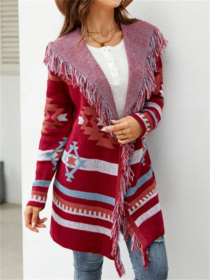 National Style Elegant Tassels Hooded Cardigan Sweater for Women