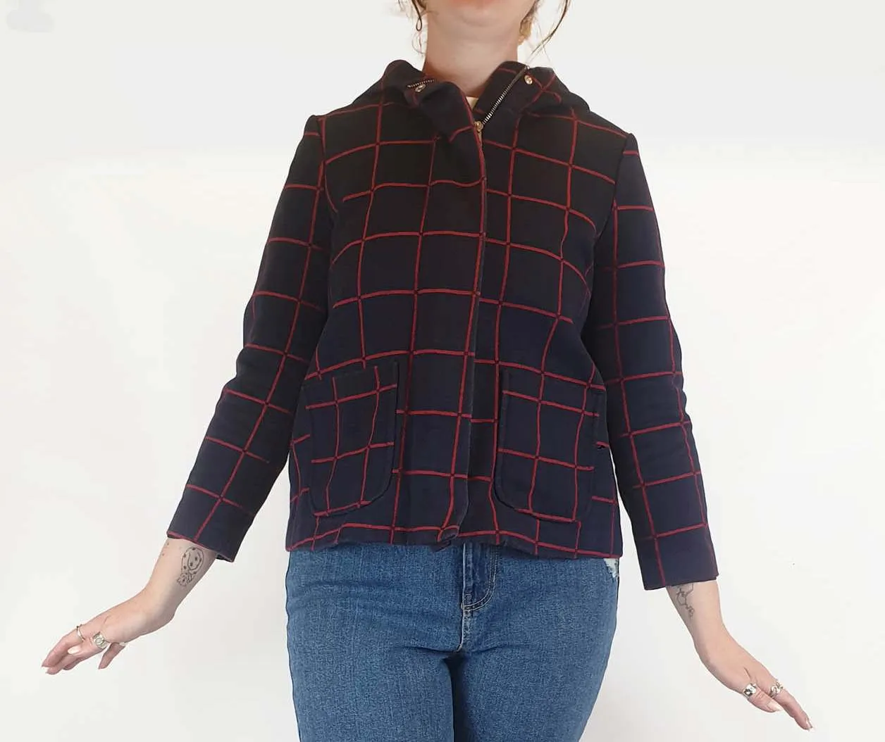 Navy and red check cotton cropped jacket size M