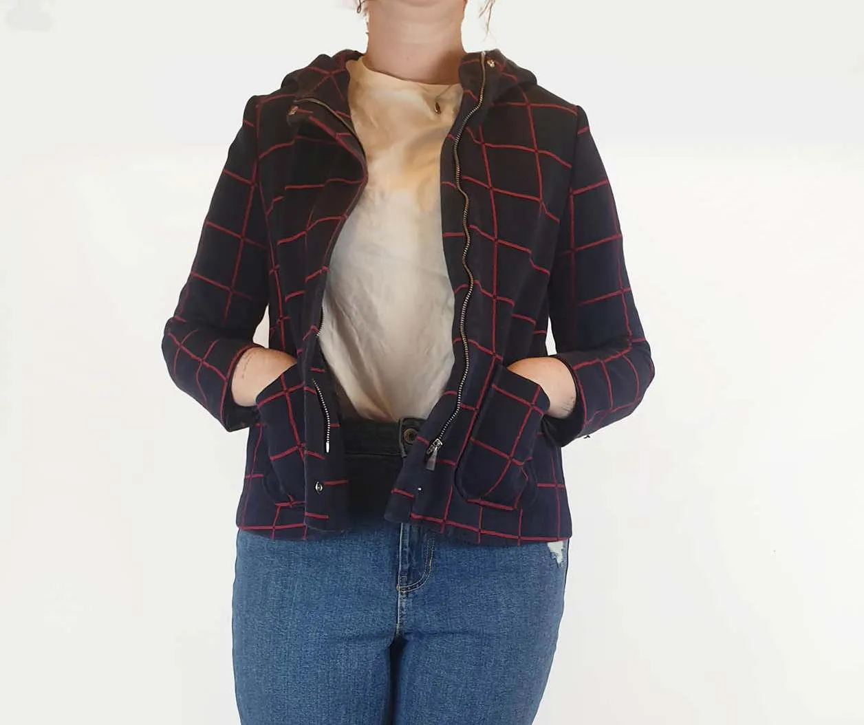 Navy and red check cotton cropped jacket size M