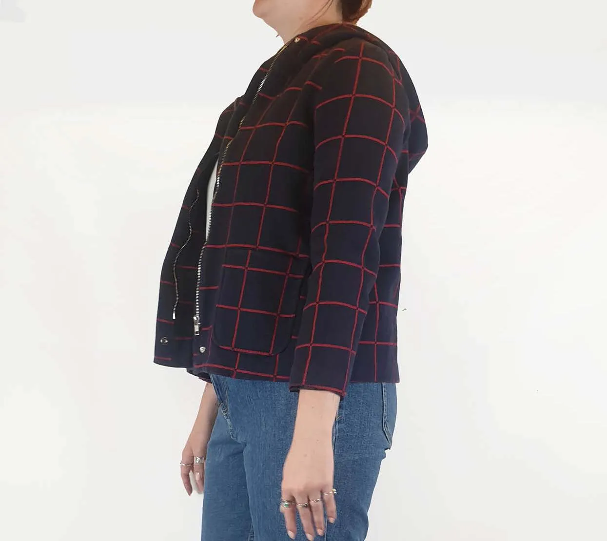 Navy and red check cotton cropped jacket size M