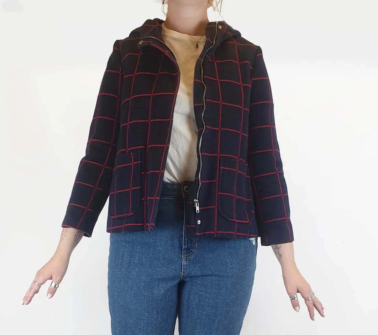 Navy and red check cotton cropped jacket size M