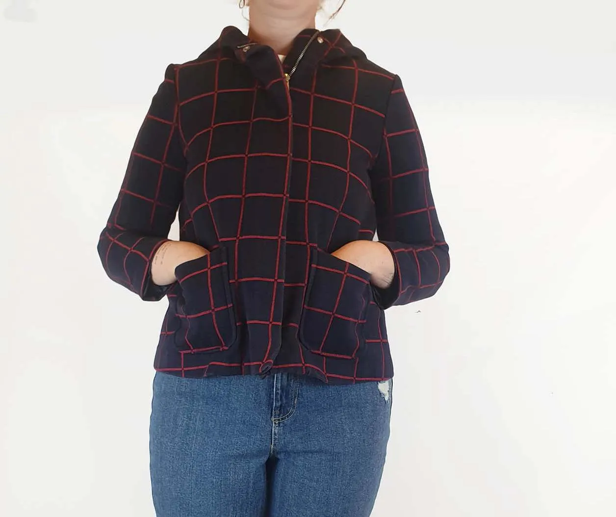 Navy and red check cotton cropped jacket size M