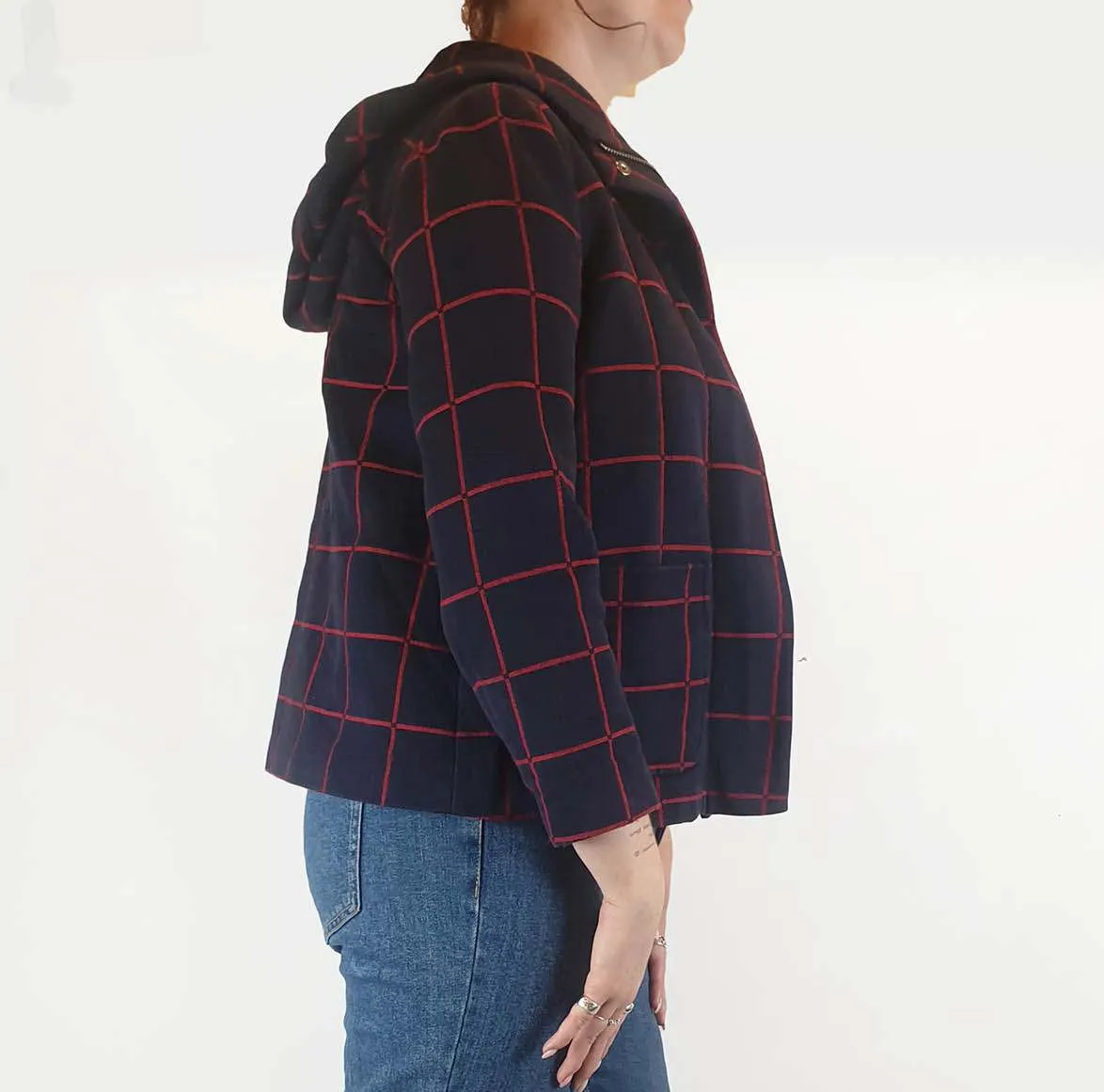 Navy and red check cotton cropped jacket size M