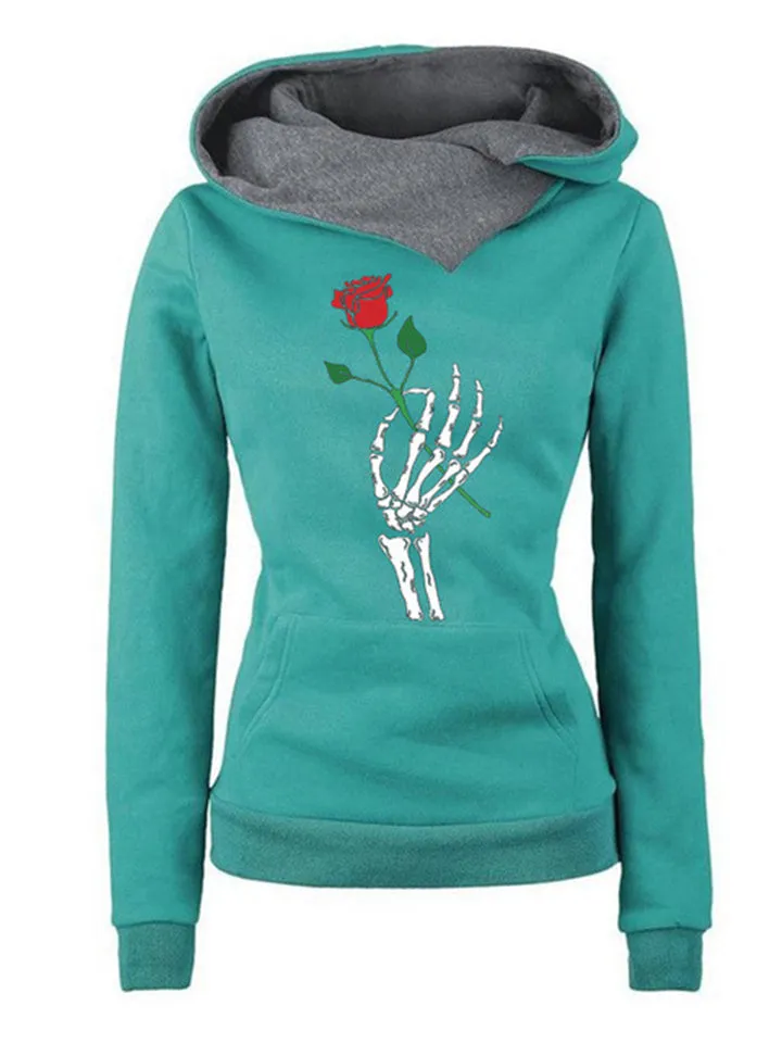 New Rose And Skeleton Hand Printed Long Sleeve Hoodies