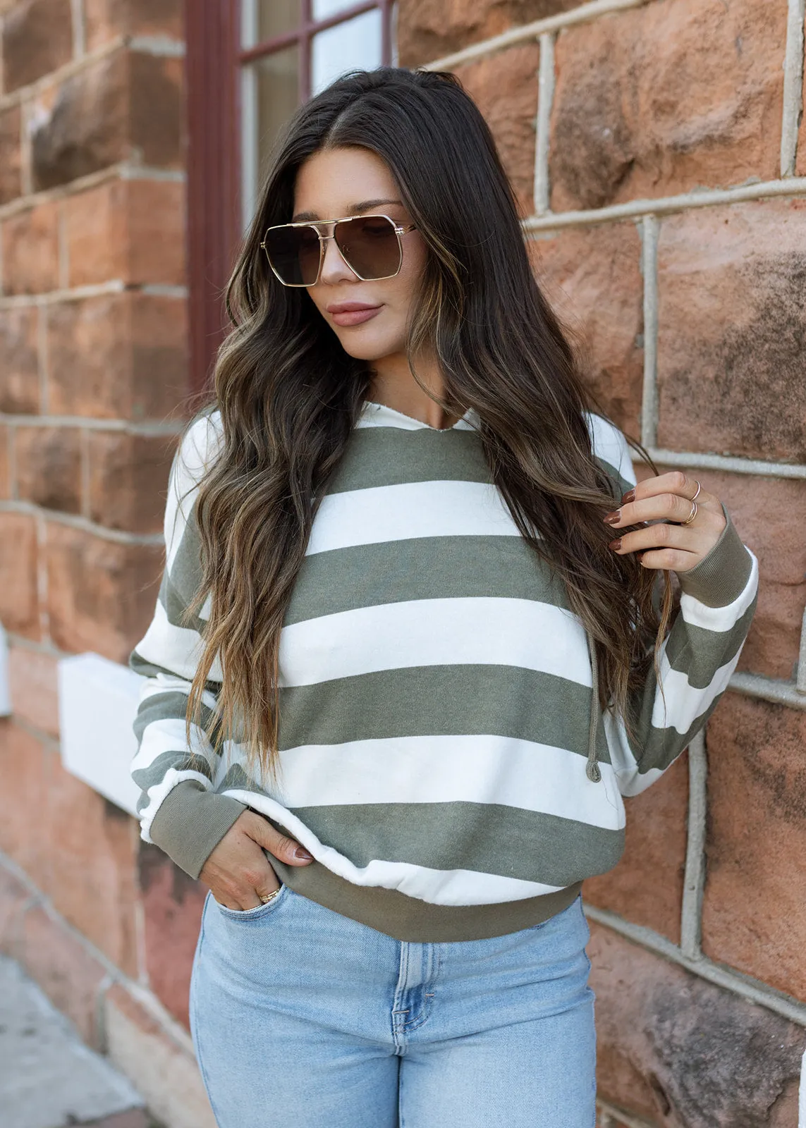 Olive & White Stripe Hoodie Pullover Top