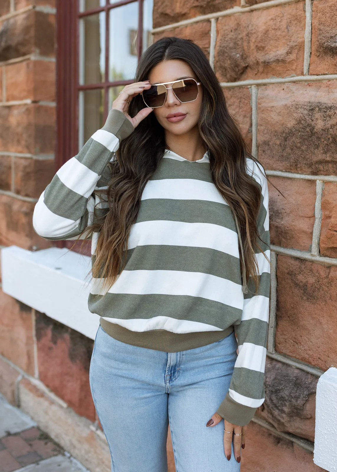 Olive & White Stripe Hoodie Pullover Top