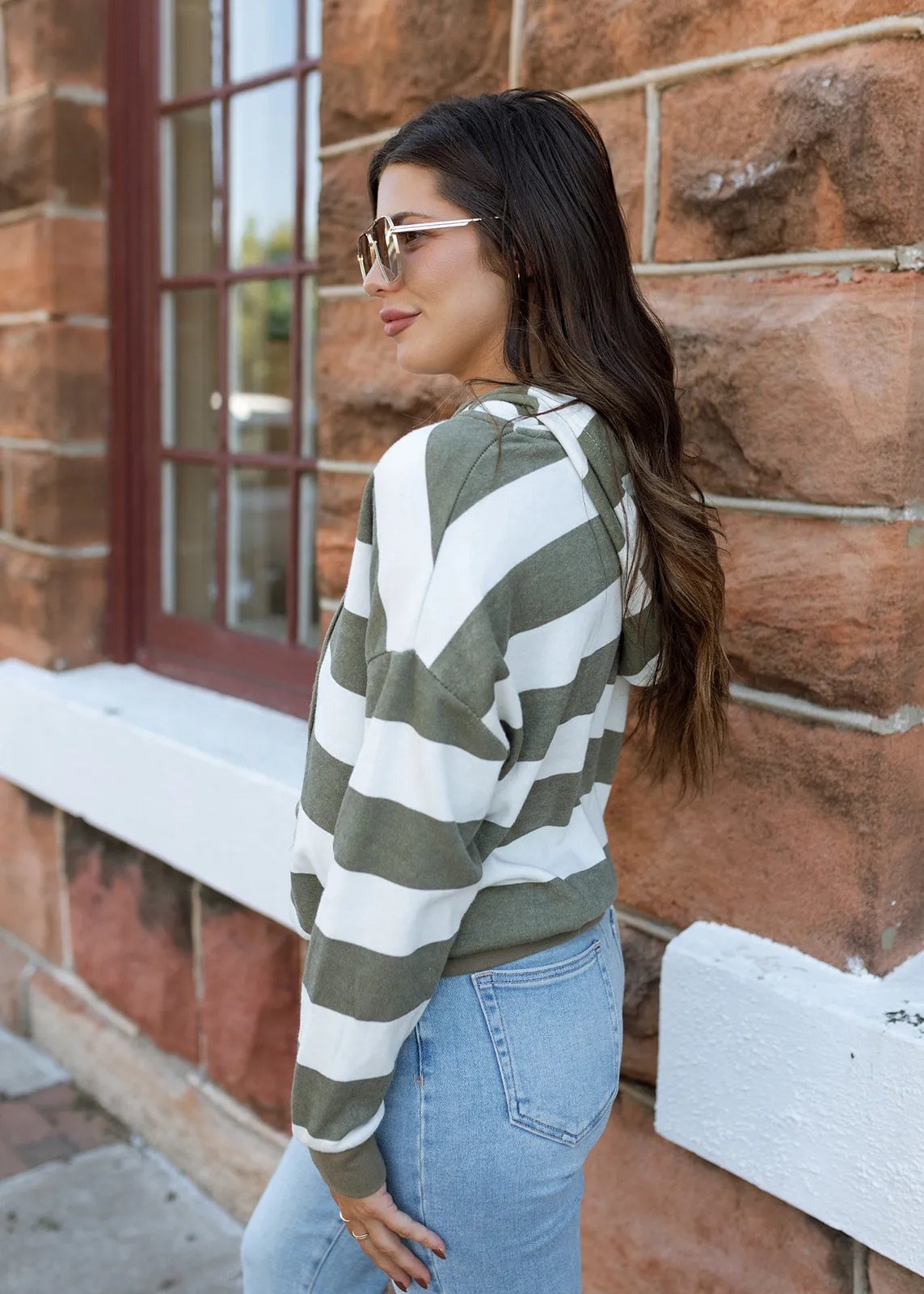 Olive & White Stripe Hoodie Pullover Top