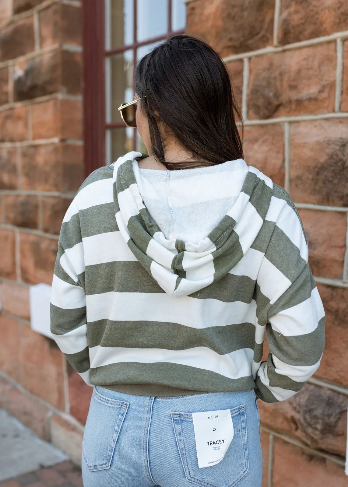Olive & White Stripe Hoodie Pullover Top