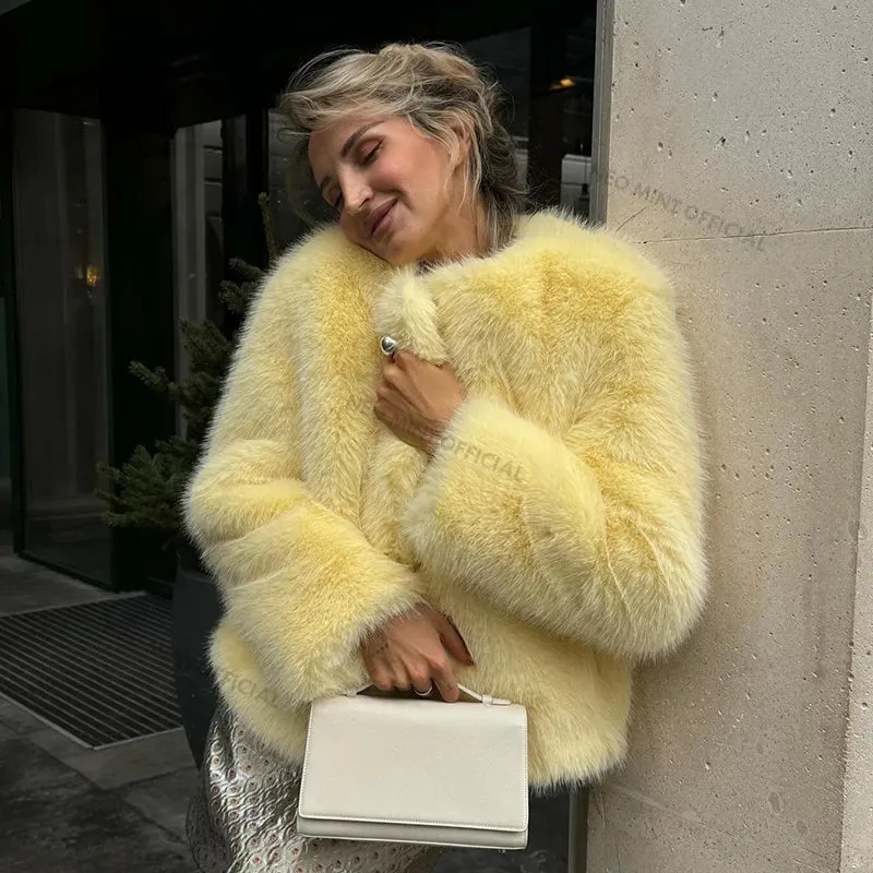 Outerwear Fluffy Jacket Fox Chic Girls Women Fur Round Thick Cool Energy-efficient Fur Street Casual Fashion Time-limited sale Faux Coat Neck Winter Warm