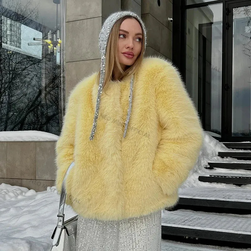 Outerwear Fluffy Jacket Fox Chic Girls Women Fur Round Thick Cool Energy-efficient Fur Street Casual Fashion Time-limited sale Faux Coat Neck Winter Warm