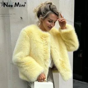 Outerwear Fluffy Jacket Fox Chic Girls Women Fur Round Thick Cool Energy-efficient Fur Street Casual Fashion Time-limited sale Faux Coat Neck Winter Warm