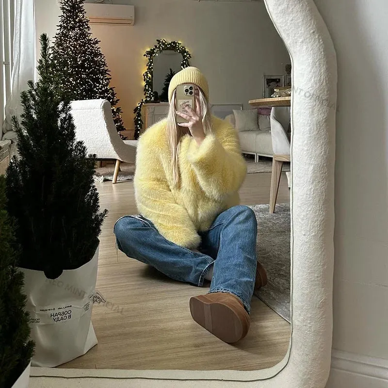 Outerwear Fluffy Jacket Fox Chic Girls Women Fur Round Thick Cool Energy-efficient Fur Street Casual Fashion Time-limited sale Faux Coat Neck Winter Warm