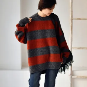 Oversize loose Languid lazy style  round neck striped sweater