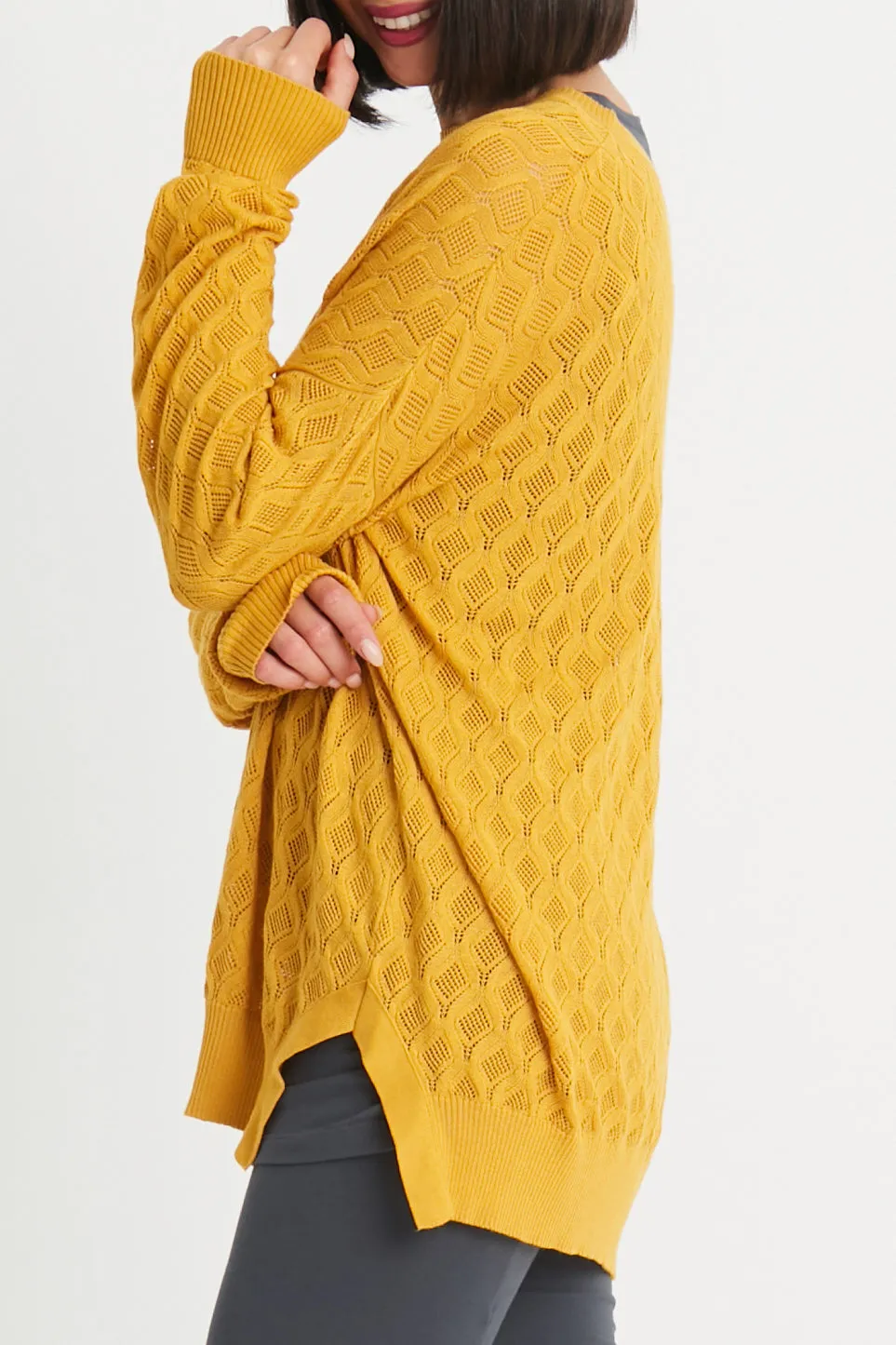 Pima Cotton Long Diamond Weave Crewneck Sweater