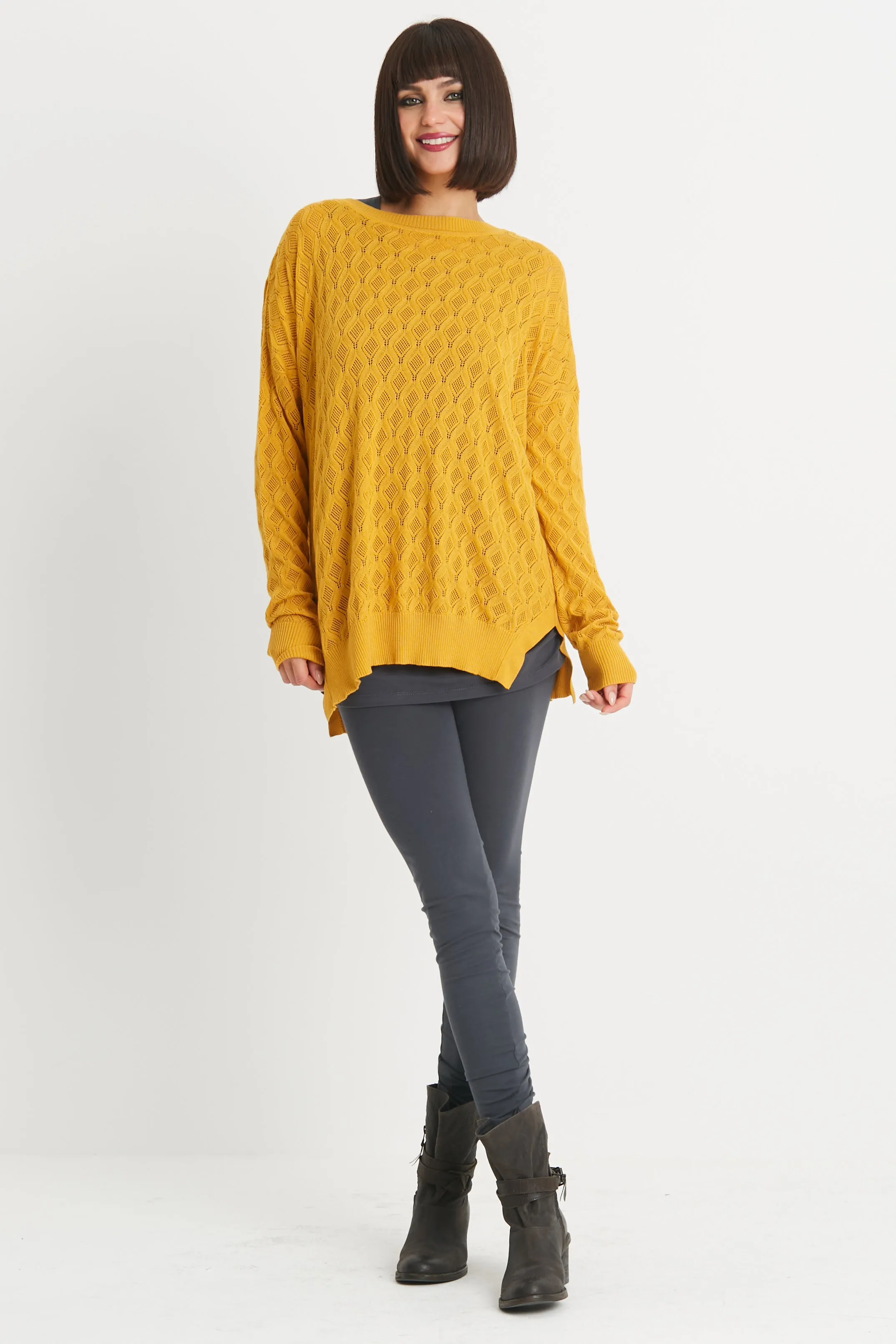Pima Cotton Long Diamond Weave Crewneck Sweater