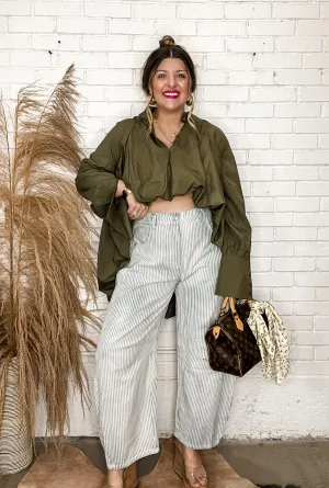 Pinstriped Relaxed Denim Barrel Jeans