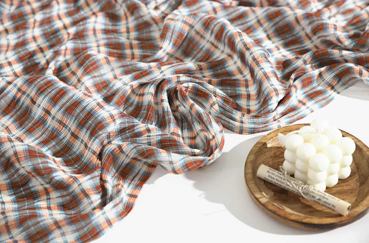 Plaid Checkered Poly Wide Width Fabric with Ribbed Wave Pleats - In Brick Orange - Quality Korean Fabric By the Yard - 53726GJ