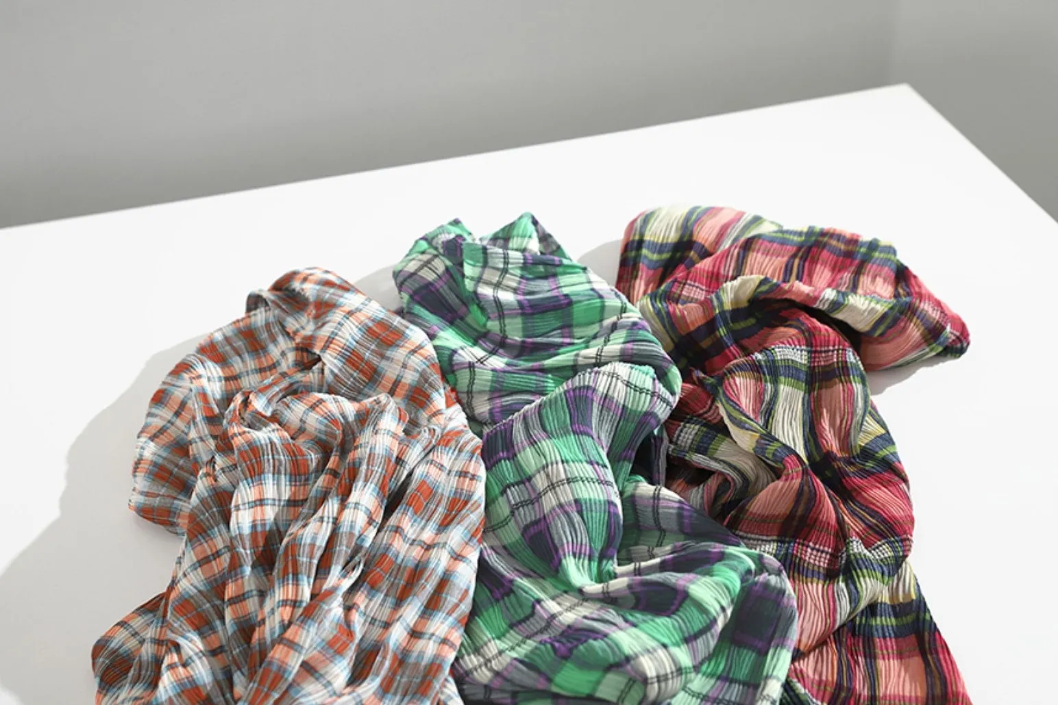 Plaid Checkered Poly Wide Width Fabric with Ribbed Wave Pleats - In Brick Orange - Quality Korean Fabric By the Yard - 53726GJ